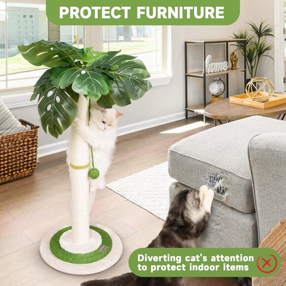 New 35in Monstera Cat Tree, Tall Sisal Post with Hanging Ball for Indoor Cats - Picture 2 of 6